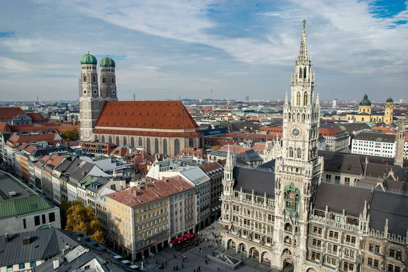 Munich seen from above, with the Frauenkirche towers and the Neues Rathaus
