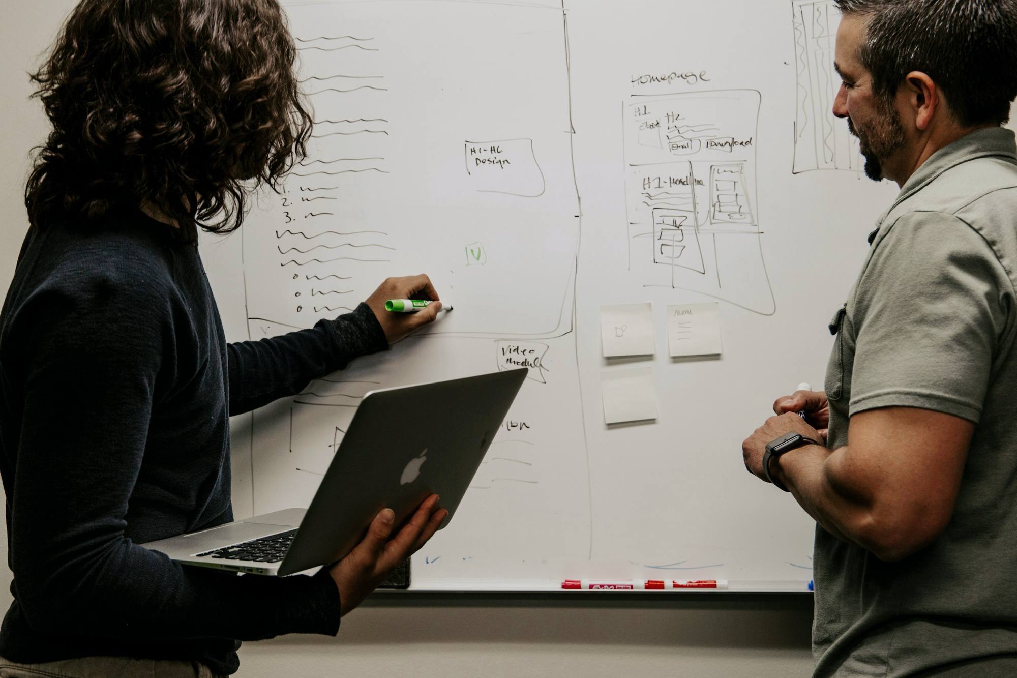 Two people sketching a plan on a whiteboard